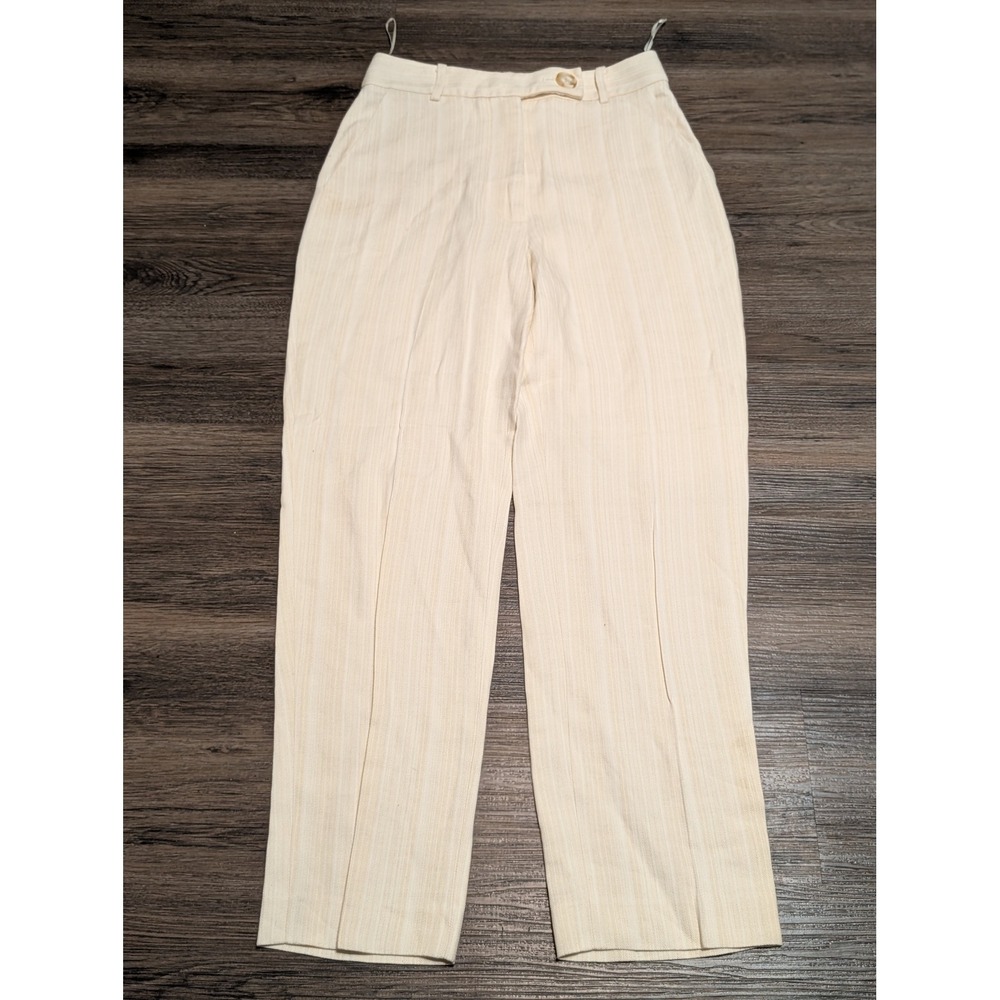 Anna Quan Cream Linen Viscose Textured Stripe High Rise Trousers Pants Size 6
